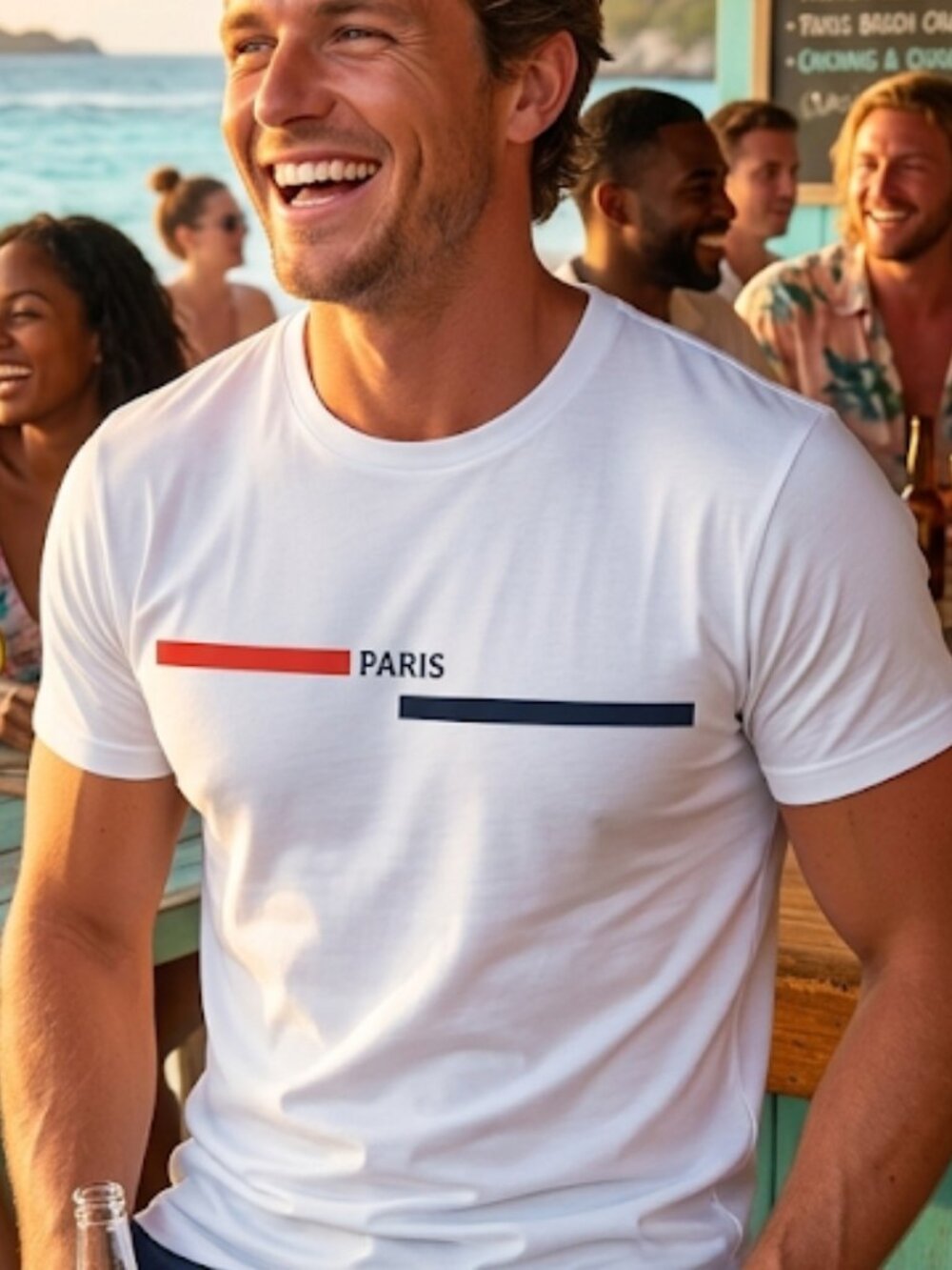 Paris Minimalist Luxe Tee – White Red Navy Stripe Graphic – XL NWT Euro Style - Picture 2 of 7